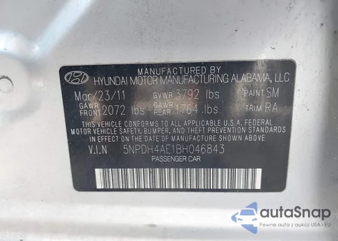 2011 Hyundai Elantra Gls/Limited from USA, damaged, VIN 5NPDH4AE1BH046843